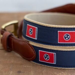 Volunteer Traditions Tennessee Tri-Star Flag Leather Canvas Belt 30 gold Buckle